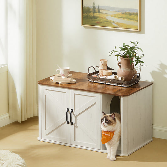 Single Cat Litter Box Enclosure with Front Entry, Hidden Litter Box Furniture with Double Doors, Side End Table, 33.5 x 19.5 x 20 Inches, Rustic White