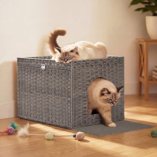 Handwoven Rattan Cat Litter Box Enclosure, Hidden Litter Box Furniture with Removable Tray & Mat, Boho End Table, Dove Gray