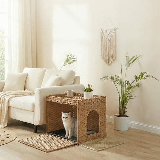 Handwoven Rattan Cat Litter Box Enclosure, Hidden Litter Box Furniture with Removable Tray & Mat, Boho End Table, Goose Yellow