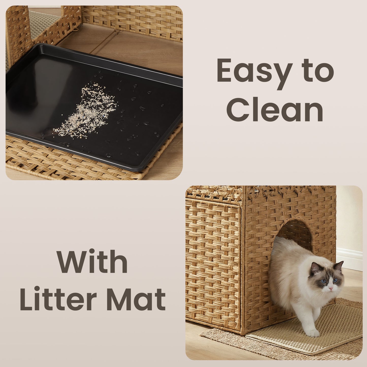 Handwoven Rattan Cat Litter Box Enclosure, Hidden Litter Box Furniture with Removable Tray & Mat, Boho End Table, Goose Yellow