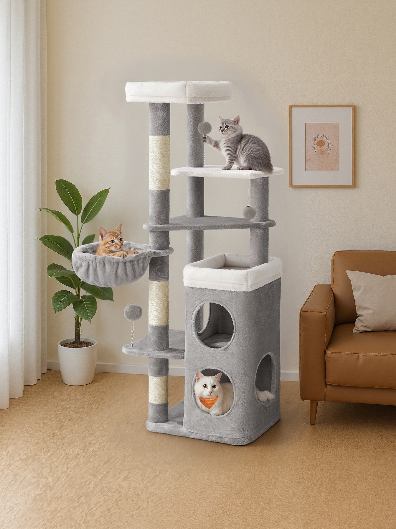 60-Inch Multi-Level Cat Tree Tower with 2 Caves, 3 Scratching Posts & 3 Perches, Plush Cat Condo for Indoor Cats, Dove Gray