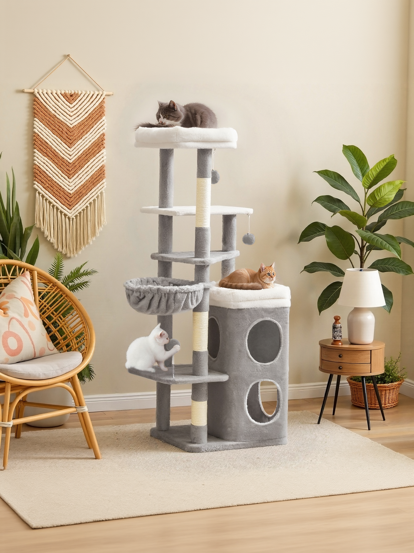 60-Inch Multi-Level Cat Tree Tower with 2 Caves, 3 Scratching Posts & 3 Perches, Plush Cat Condo for Indoor Cats, Dove Gray