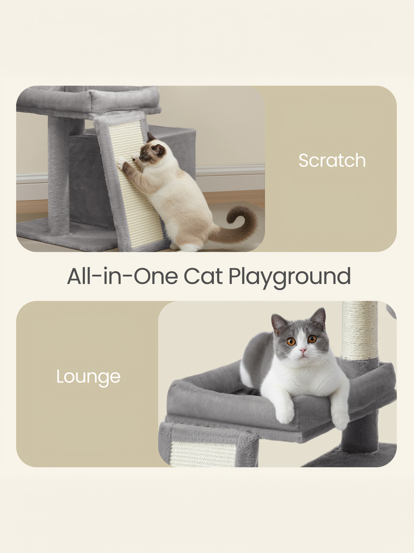 33.8-Inch Cat Tree Tower with Scratching Posts, 2 Perches, Cave & Basket, Multi-Level Cat Condo for Indoor Cats, Dove Gray