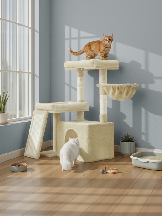 33.8-Inch Cat Tree Tower with Scratching Posts & Ramp, 2 Perches, Cave & Basket, Multi-Level Cat Condo for Indoor Cats, Summer Sand
