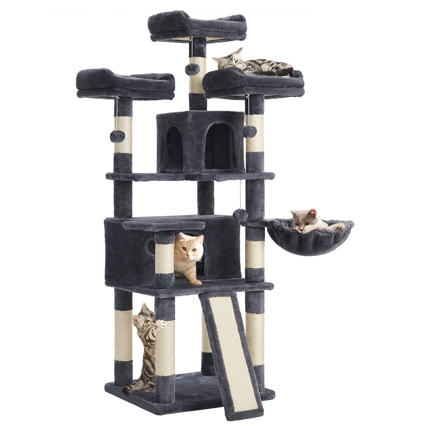 Large Cat Tree Tower with Scratching Posts & Board, 66.5-Inch Cat Condo with 2 Caves and 3 Plush Perches, Multi-Level Activity Center, Smoky Gray