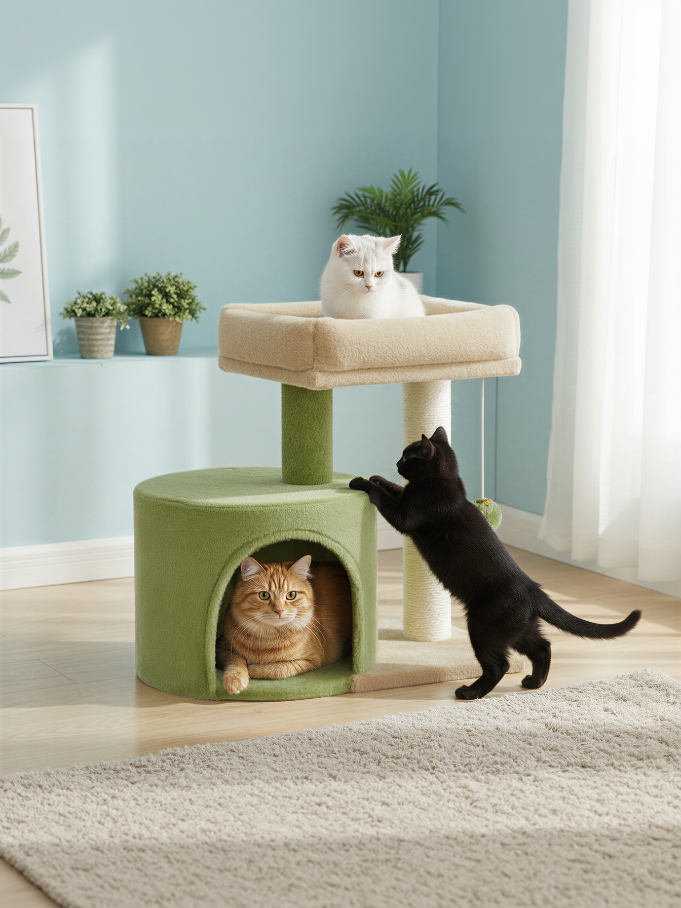 Small Cat Tree Tower with Sisal Scratching Post, Plush Condo with Padded Perch & Cave, for Kittens, Small Spaces, Grass Green and Camel Brown