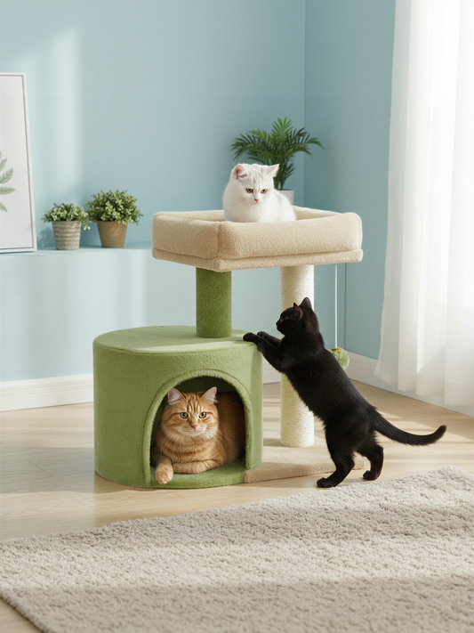 Small Cat Tree Tower with Sisal Scratching Post, Plush Condo with Padded Perch & Cave, for Kittens, Small Spaces, Grass Green and Camel Brown