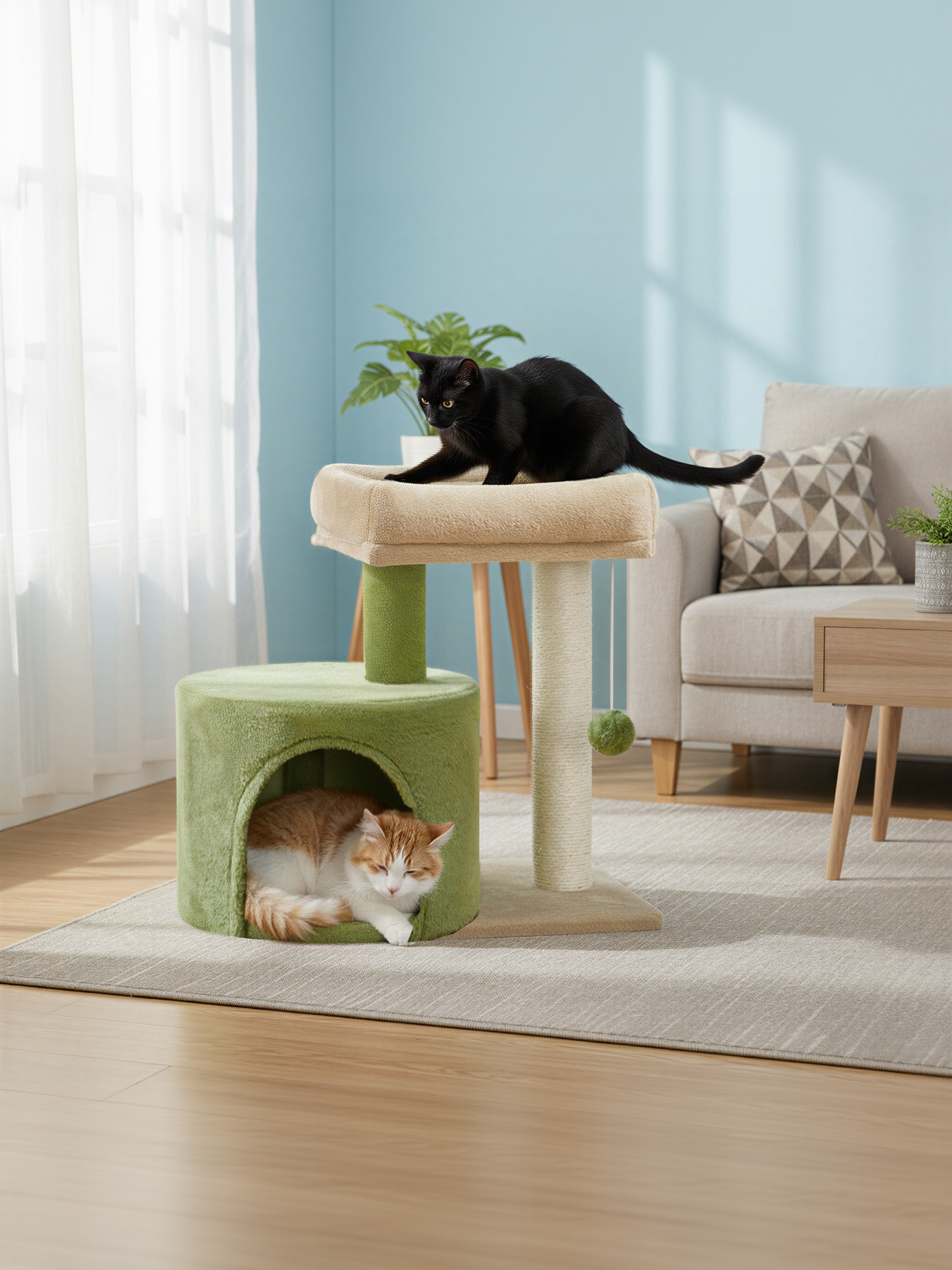 Small Cat Tree Tower with Sisal Scratching Post, Plush Condo with Padded Perch & Cave, for Kittens, Small Spaces, Grass Green and Camel Brown