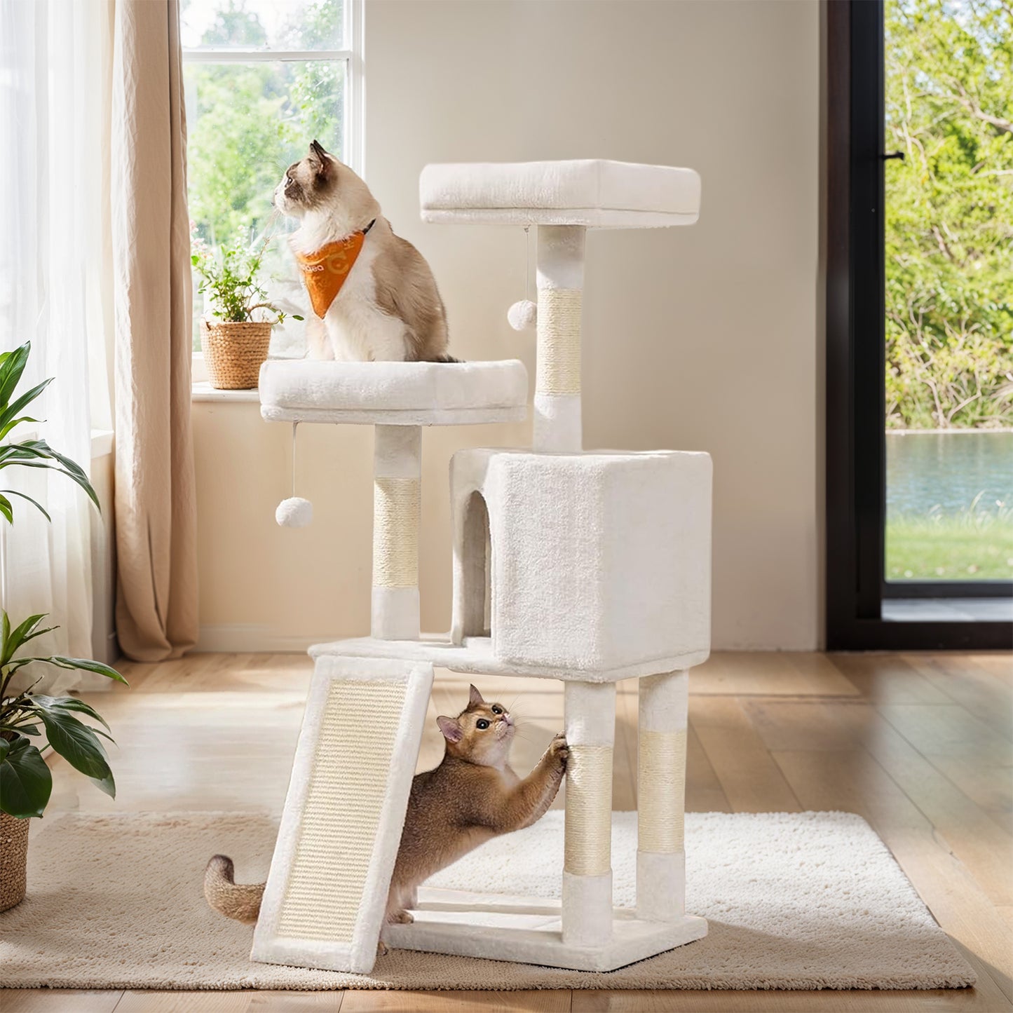 Cat Tower, 45.3-Inch Indoor Cat Tree with Scratching Ramp, Perches, Spacious Cat Cave, Multi-Level Condo for Kittens, Adult Cats, Cream White