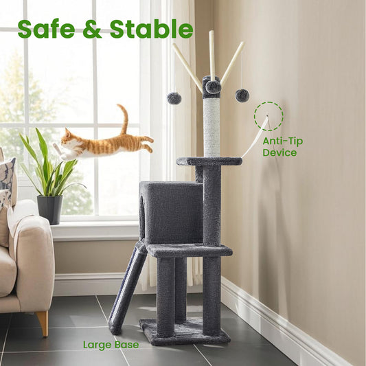 Cat Tree 46.5-Inch Indoor Cat Tower, Multi-Level Plush Condo with Scratching Ramp, Removable Pompoms, Cat Cave, Smoky Gray