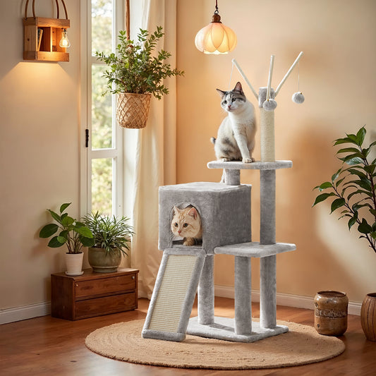 Cat Tree, 46.5-Inch Indoor Cat Tower with Multi-Level Condo, Scratching Ramp, Removable Pompom Sticks, Plush Cat Cave, Light Gray