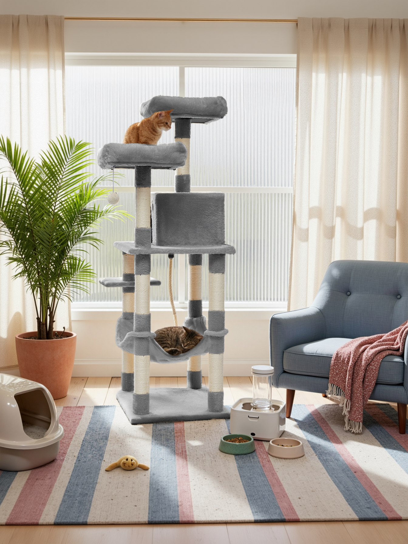 56.3-Inch Multi-Level Cat Tree Tower with 11 Scratching Posts, 2 Perches, Hammock & Cave, for Indoor Cats, Light Gray
