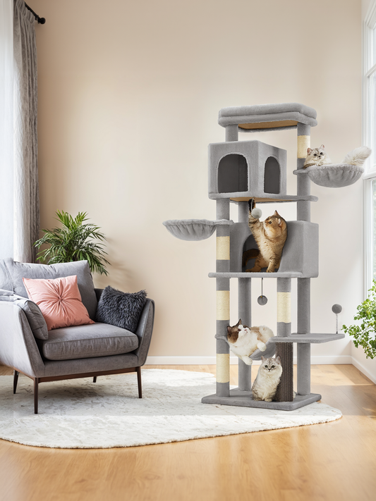 69-Inch Tall Cat Tree with 2 Caves and Hammock, Multi-Level Sisal Post Cat Tower with Plush Fabric and Anti-Tip Kit for Multi-Cat Households