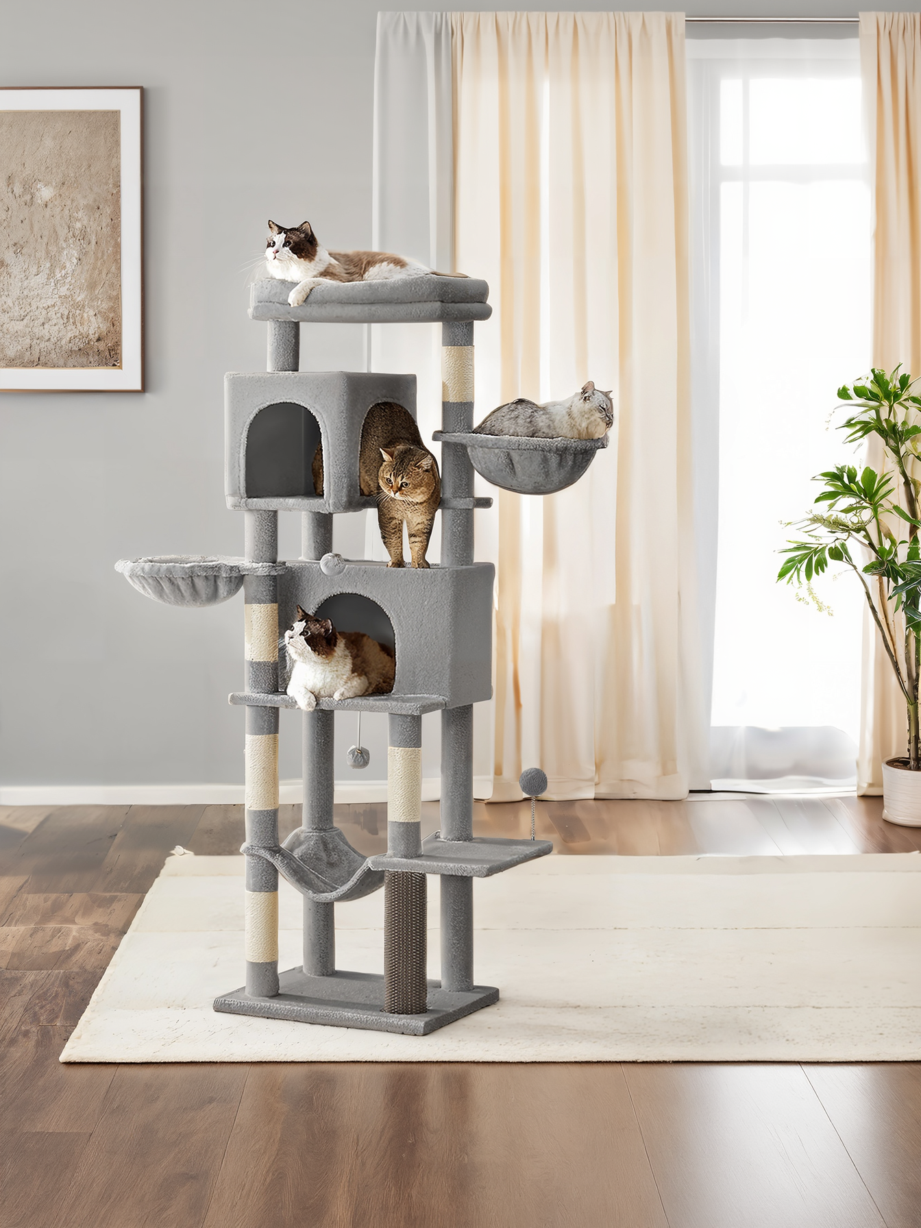 69-Inch Tall Cat Tree with 2 Caves and Hammock, Multi-Level Sisal Post Cat Tower with Plush Fabric and Anti-Tip Kit for Multi-Cat Households