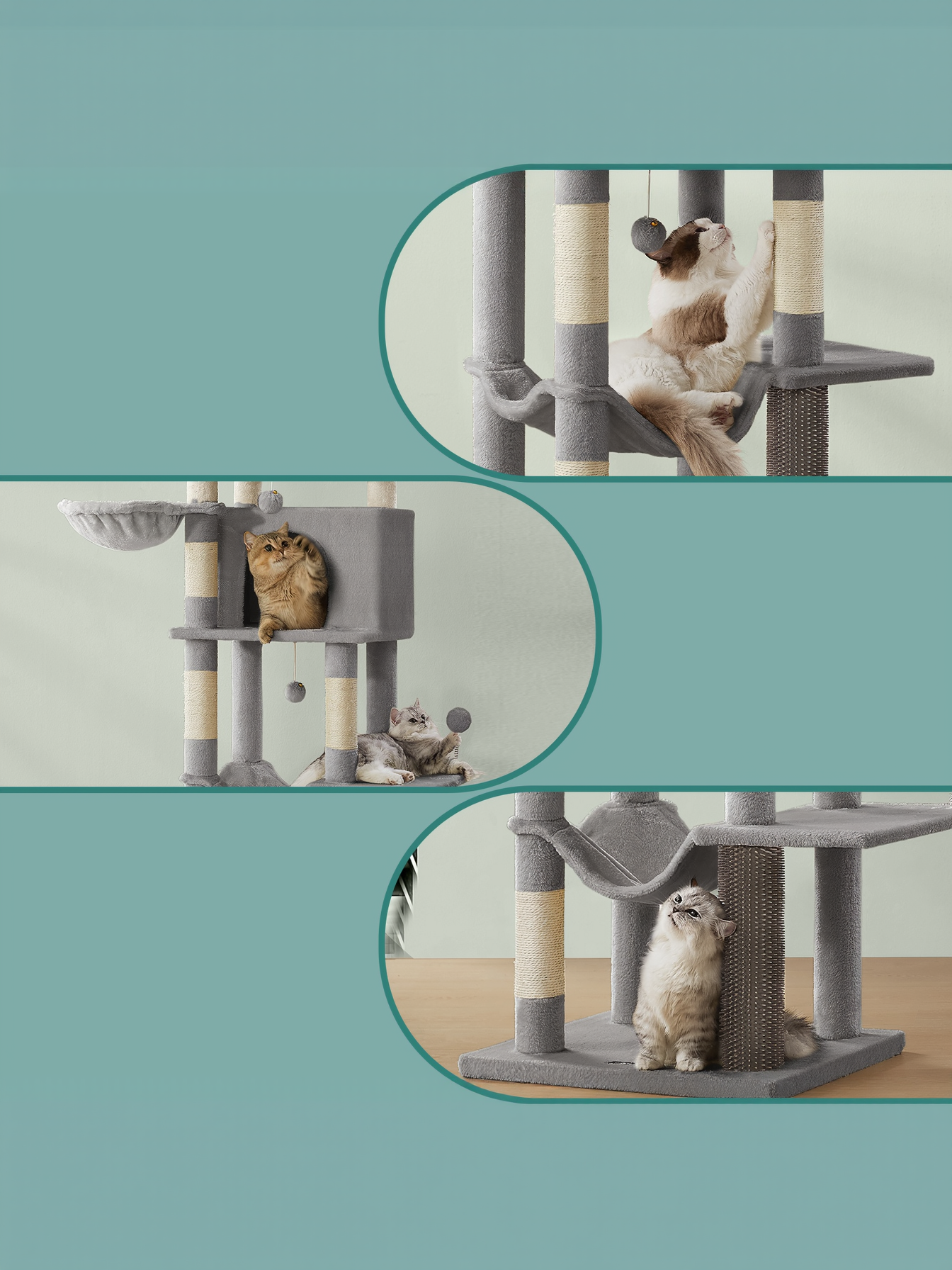 69-Inch Tall Cat Tree with 2 Caves and Hammock, Multi-Level Sisal Post Cat Tower with Plush Fabric and Anti-Tip Kit for Multi-Cat Households