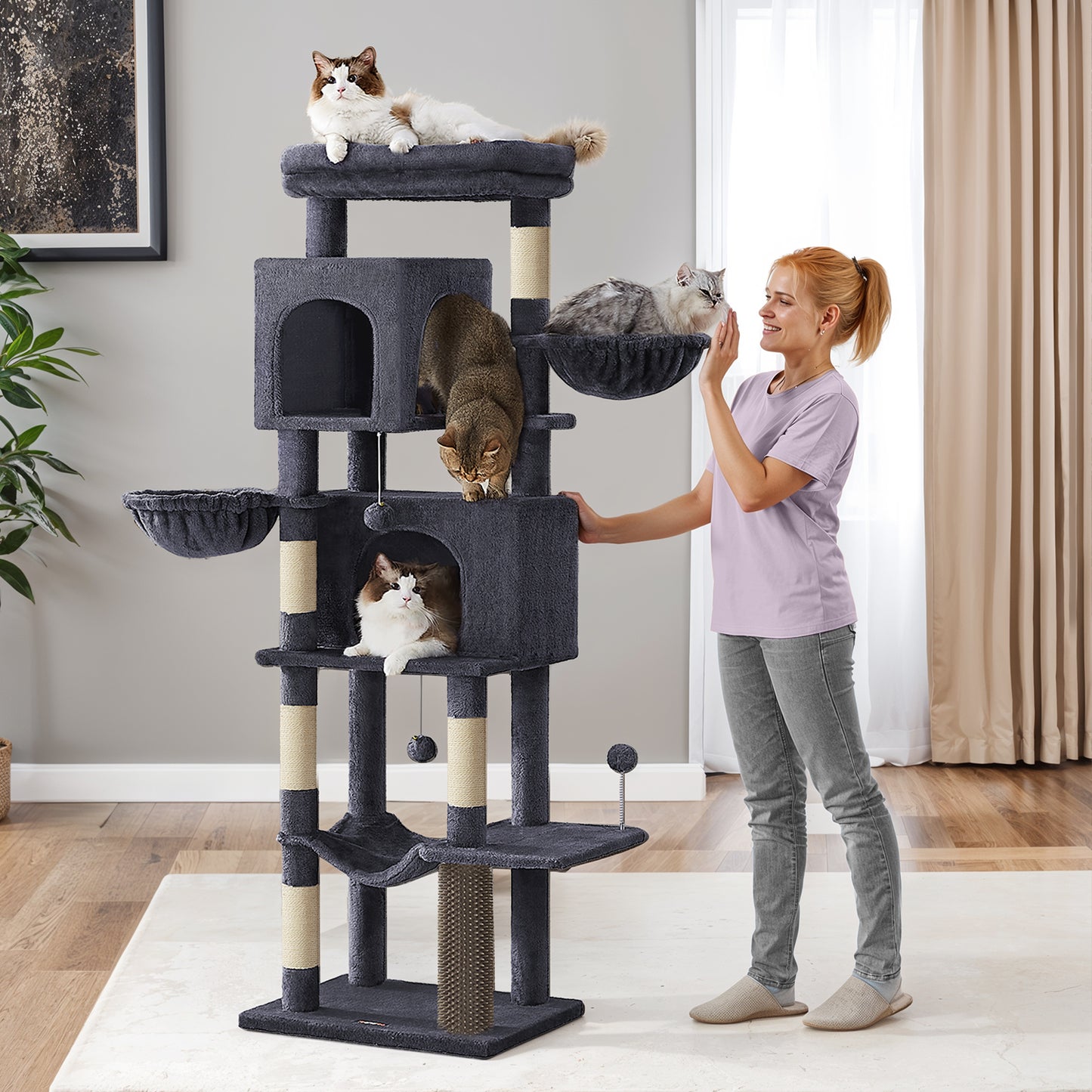 69-Inch Cat Tree for Indoor Cats, Multi-Level Cat Condo with Caves, Baskets, Scratching Posts, Hammock & Perch, Self-Groomer, Dark Gray