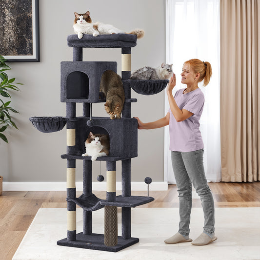 69-Inch Cat Tree for Indoor Cats, Multi-Level Cat Condo with Caves, Baskets, Scratching Posts, Hammock & Perch, Self-Groomer, Dark Gray