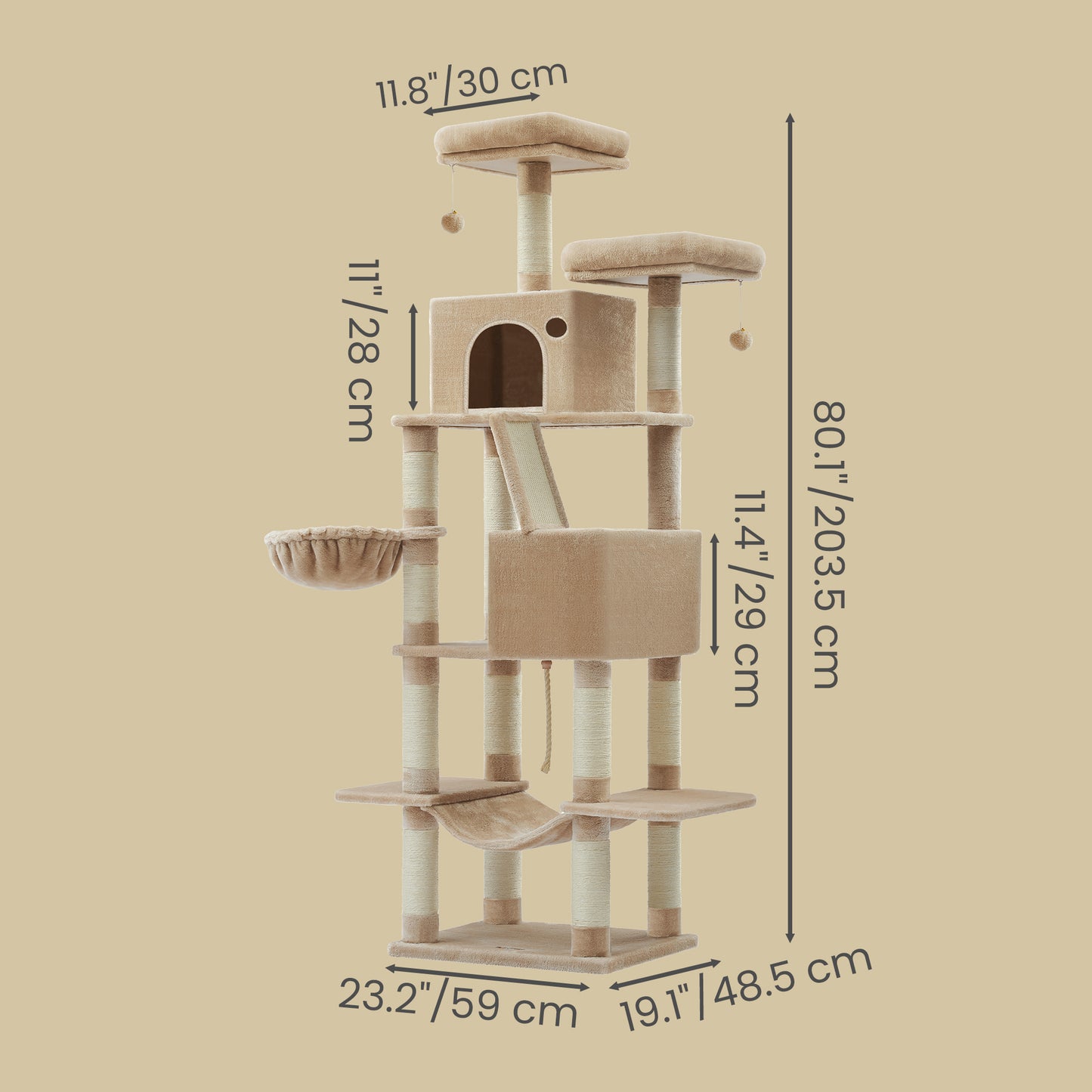 81.1-Inch Large Cat Tree Tower, Multi-Level Cat Condo with 13 Scratching Posts, 2 Perches, 2 Caves, Hammock & Basket, Camel Brown