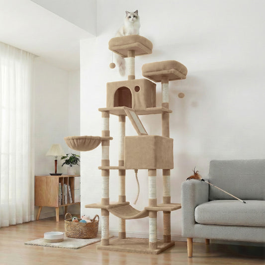 81.1-Inch Large Cat Tree Tower, Multi-Level Cat Condo with 13 Scratching Posts, 2 Perches, 2 Caves, Hammock & Basket, Camel Brown