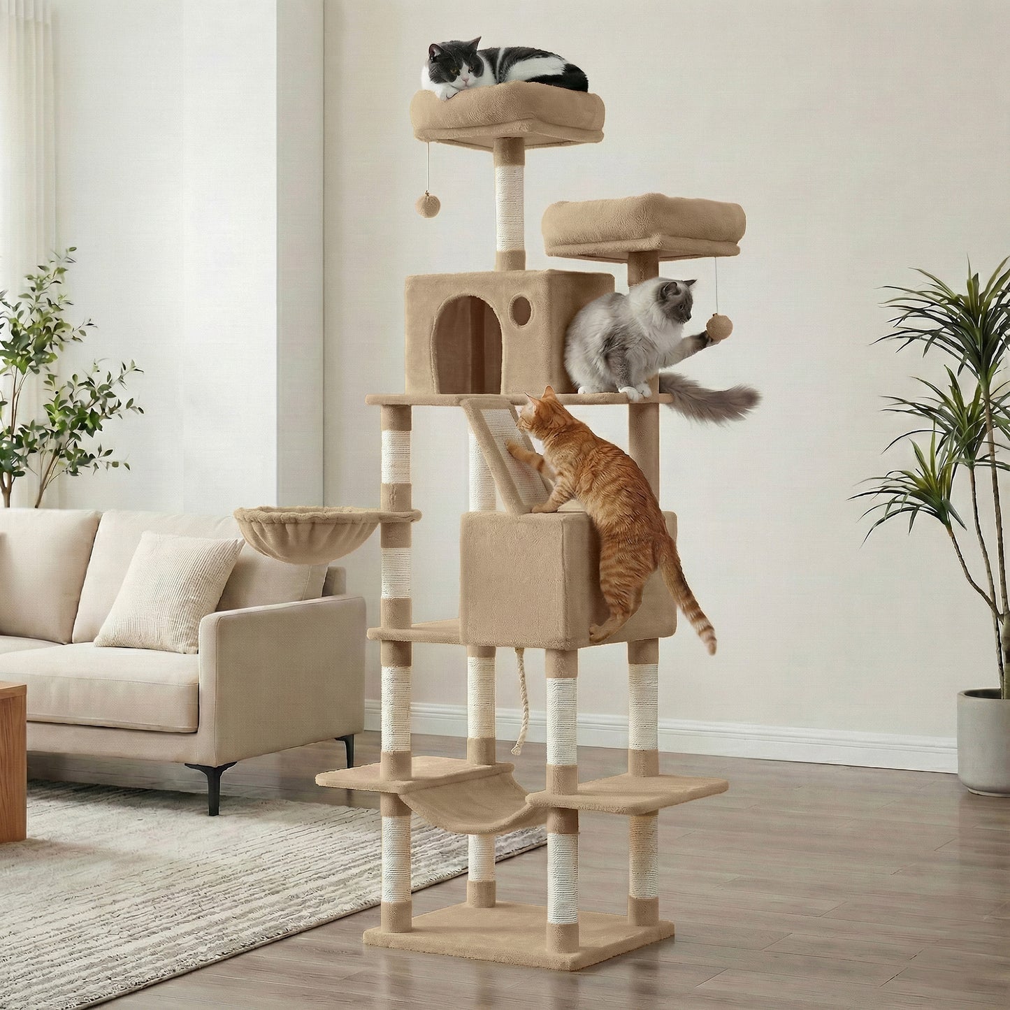 81.1-Inch Large Cat Tree Tower, Multi-Level Cat Condo with 13 Scratching Posts, 2 Perches, 2 Caves, Hammock & Basket, Camel Brown