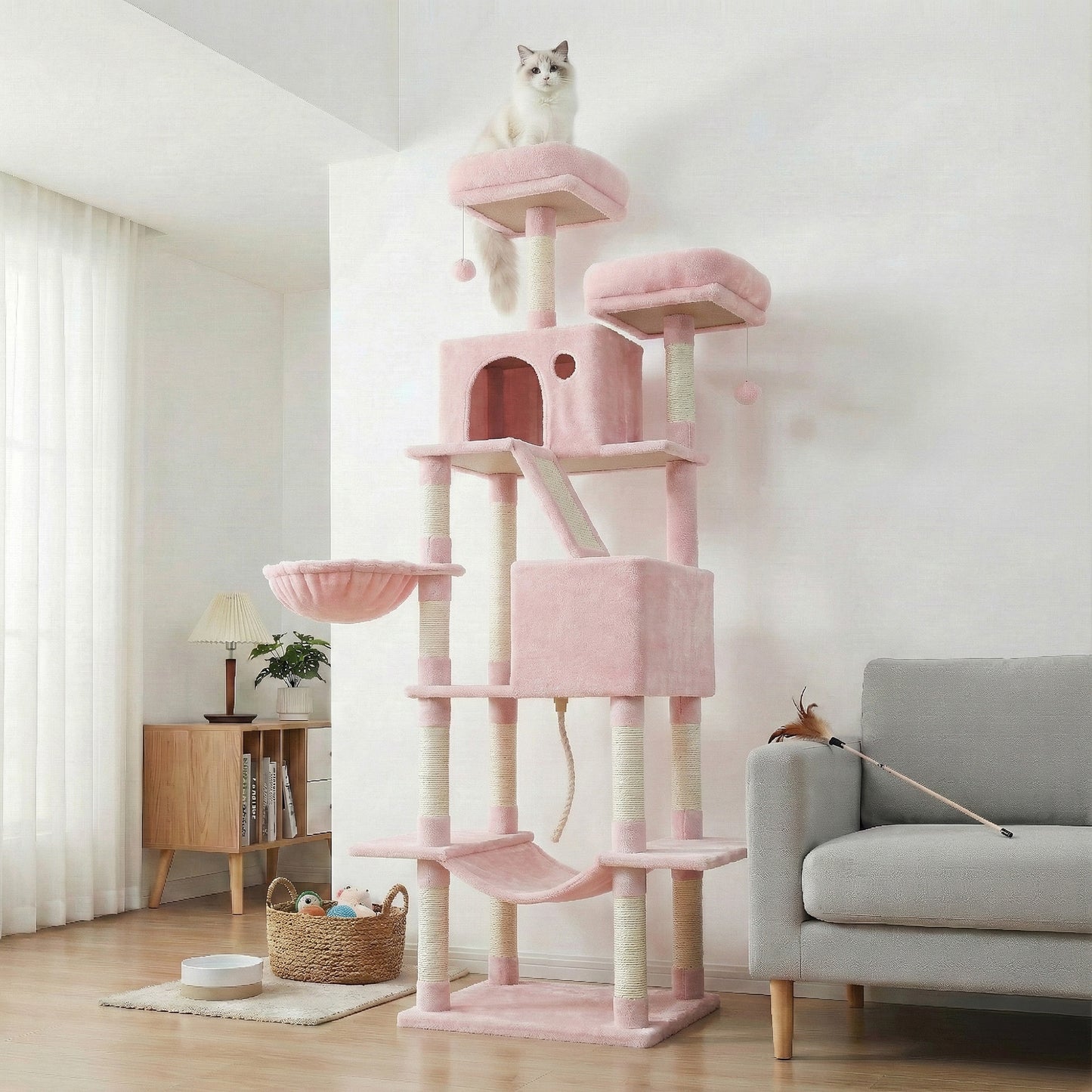 81.1-Inch Large Cat Tree Tower, Multi-Level Cat Condo with 13 Scratching Posts, 2 Perches, 2 Caves, Hammock & Basket, Jelly Pink