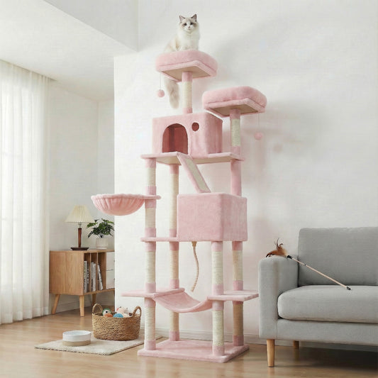 81.1-Inch Large Cat Tree Tower, Multi-Level Cat Condo with 13 Scratching Posts, 2 Perches, 2 Caves, Hammock & Basket, Jelly Pink