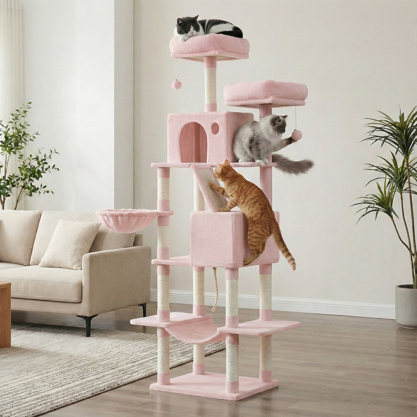 81.1-Inch Large Cat Tree Tower, Multi-Level Cat Condo with 13 Scratching Posts, 2 Perches, 2 Caves, Hammock & Basket, Jelly Pink