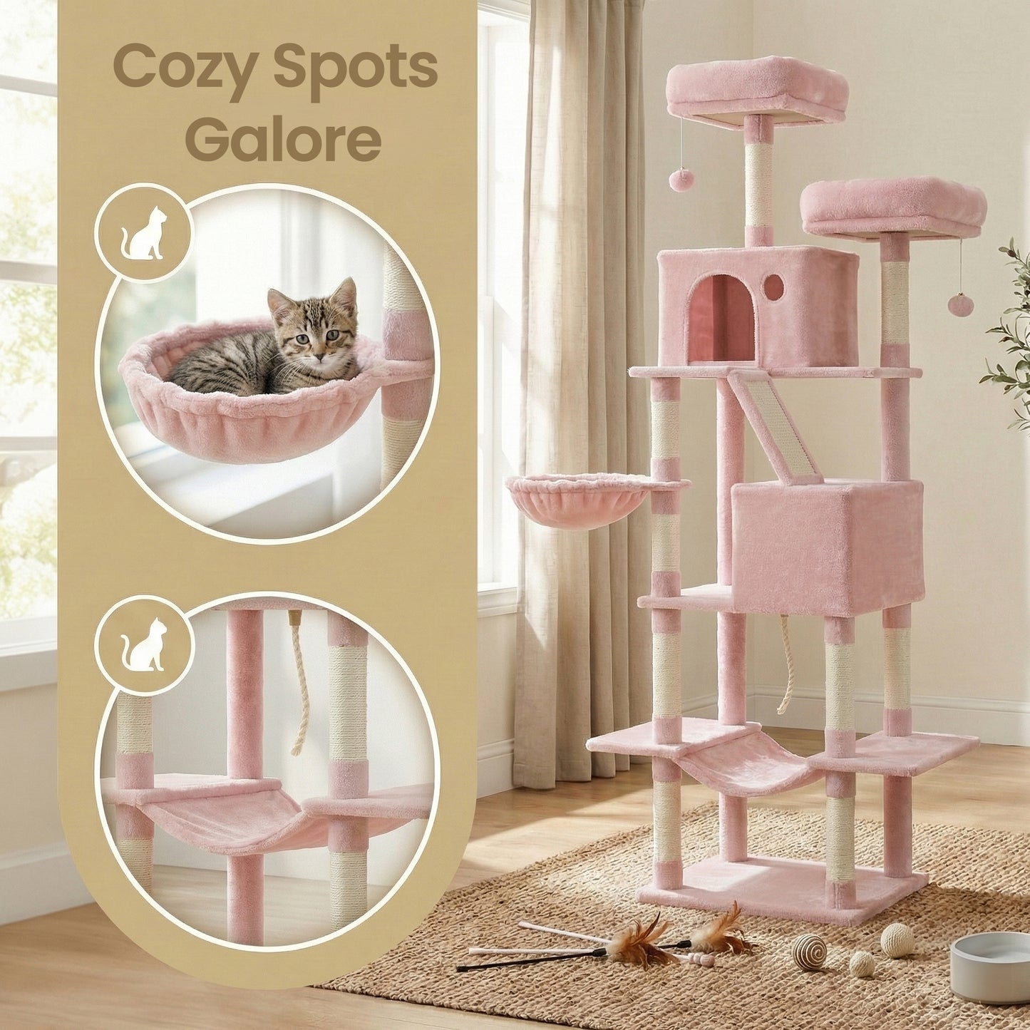 81.1-Inch Large Cat Tree Tower, Multi-Level Cat Condo with 13 Scratching Posts, 2 Perches, 2 Caves, Hammock & Basket, Jelly Pink