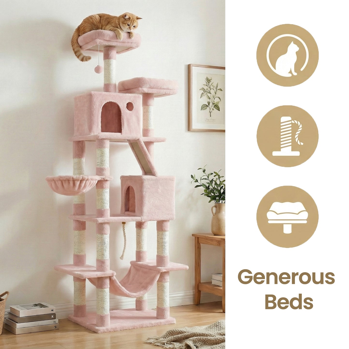81.1-Inch Large Cat Tree Tower, Multi-Level Cat Condo with 13 Scratching Posts, 2 Perches, 2 Caves, Hammock & Basket, Jelly Pink
