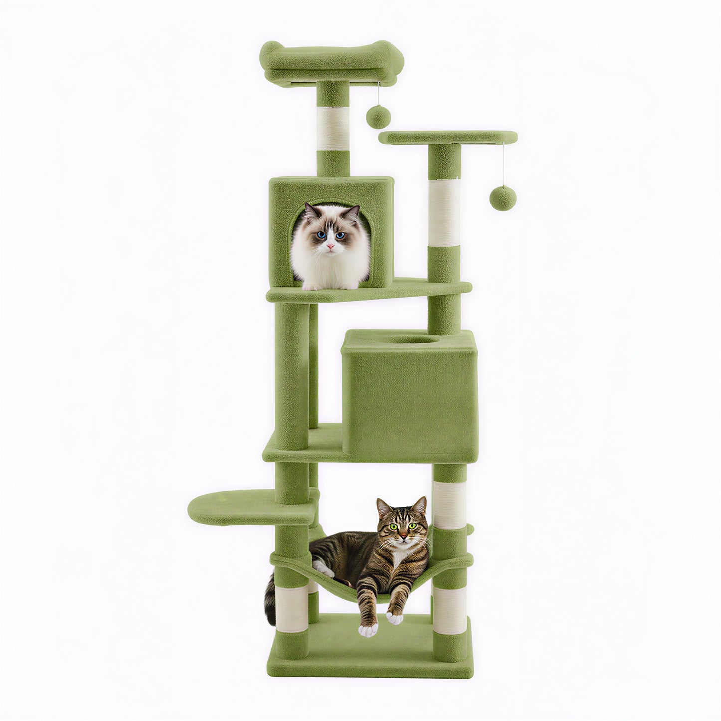 Cat Tree, 61-Inch Indoor Cat Tower with Multi-Level Condo, 5 Scratching Posts, 2 Perches, 2 Caves, Hammock, Pompoms, Grass Green