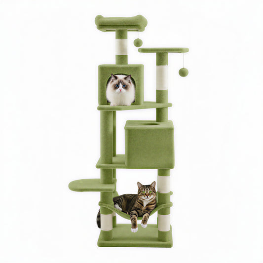 Cat Tree, 61-Inch Indoor Cat Tower with Multi-Level Condo, 5 Scratching Posts, 2 Perches, 2 Caves, Hammock, Pompoms, Grass Green