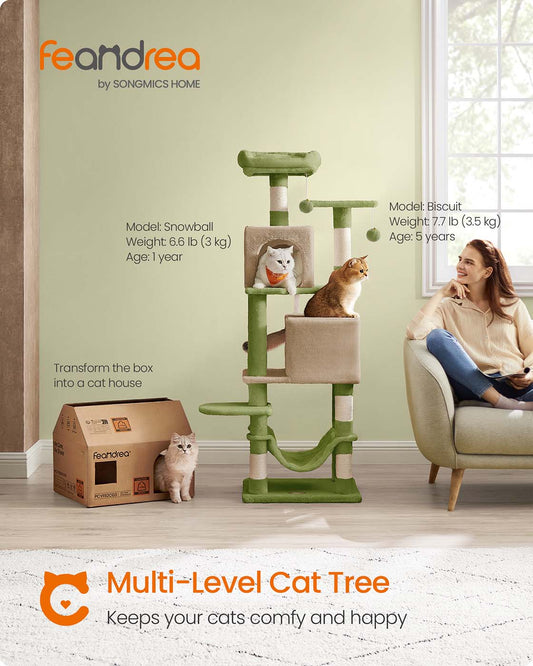 Cat Tree, 61-Inch Indoor Cat Tower with Multi-Level Condo, 5 Scratching Posts, 2 Perches, 2 Caves, Hammock, Pompoms, Beige
