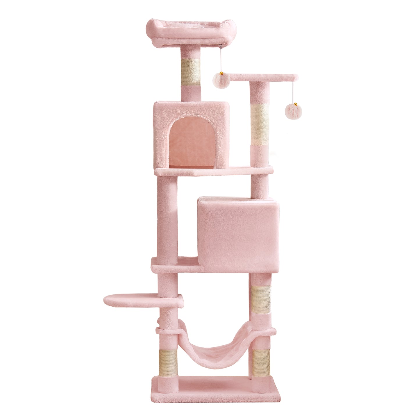 Cat Tree, 61-Inch Cat Tower for Indoor Cats, Multi-Level Cat Condo with 5 Scratching Posts, 2 Perches & 2 Caves, Plush with Hammock, Jelly Pink