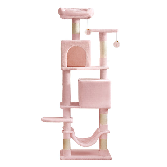 Cat Tree, 61-Inch Cat Tower for Indoor Cats, Multi-Level Cat Condo with 5 Scratching Posts, 2 Perches & 2 Caves, Plush with Hammock, Jelly Pink