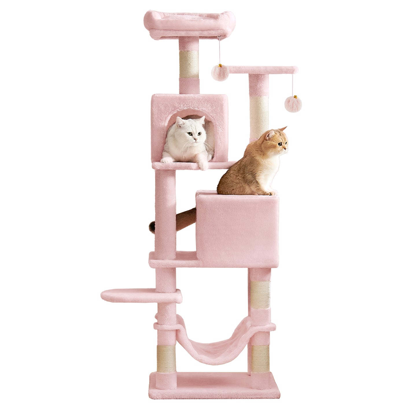Cat Tree, 61-Inch Cat Tower for Indoor Cats, Multi-Level Cat Condo with 5 Scratching Posts, 2 Perches & 2 Caves, Plush with Hammock, Jelly Pink
