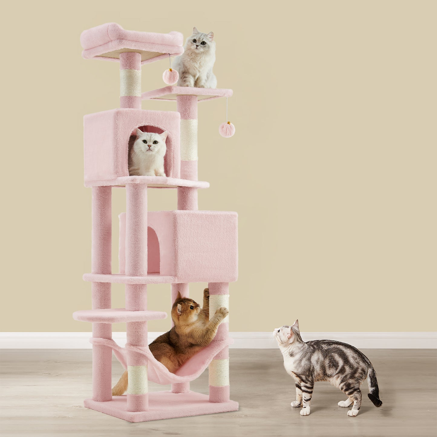 Cat Tree, 61-Inch Cat Tower for Indoor Cats, Multi-Level Cat Condo with 5 Scratching Posts, 2 Perches & 2 Caves, Plush with Hammock, Jelly Pink