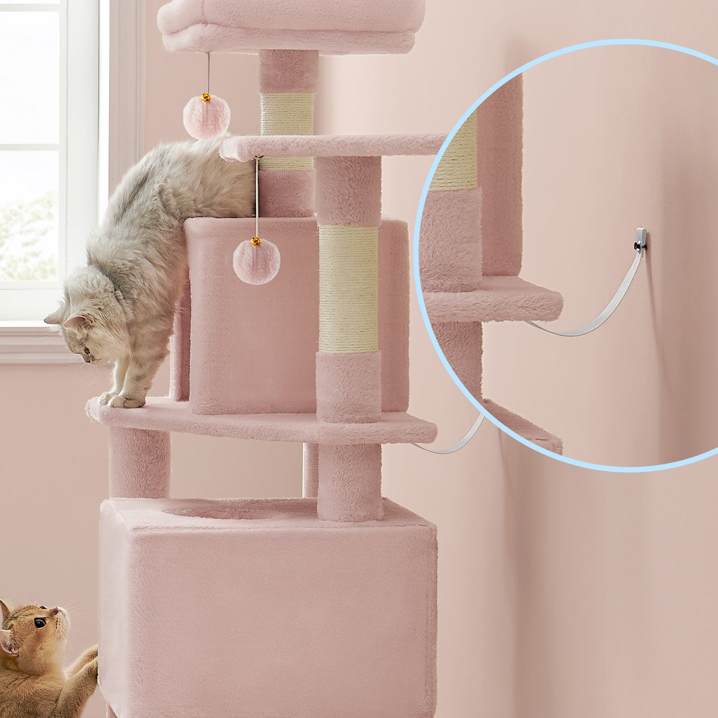 Cat Tree, 61-Inch Cat Tower for Indoor Cats, Multi-Level Cat Condo with 5 Scratching Posts, 2 Perches & 2 Caves, Plush with Hammock, Jelly Pink