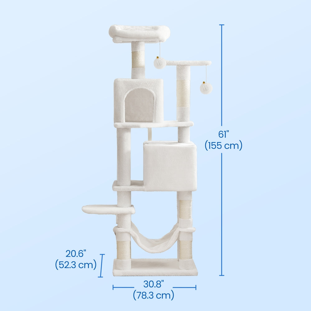 Cat Tree, 61-Inch Cat Tower for Indoor Cats, Multi-Level Cat Condo with 5 Scratching Posts, 2 Perches & 3 Caves, Plush with Hammock, Cream White