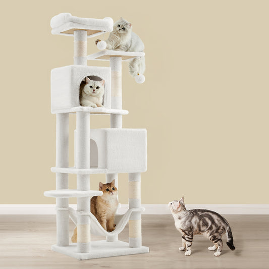 Cat Tree, 61-Inch Cat Tower for Indoor Cats, Multi-Level Cat Condo with 5 Scratching Posts, 2 Perches & 3 Caves, Plush with Hammock, Cream White