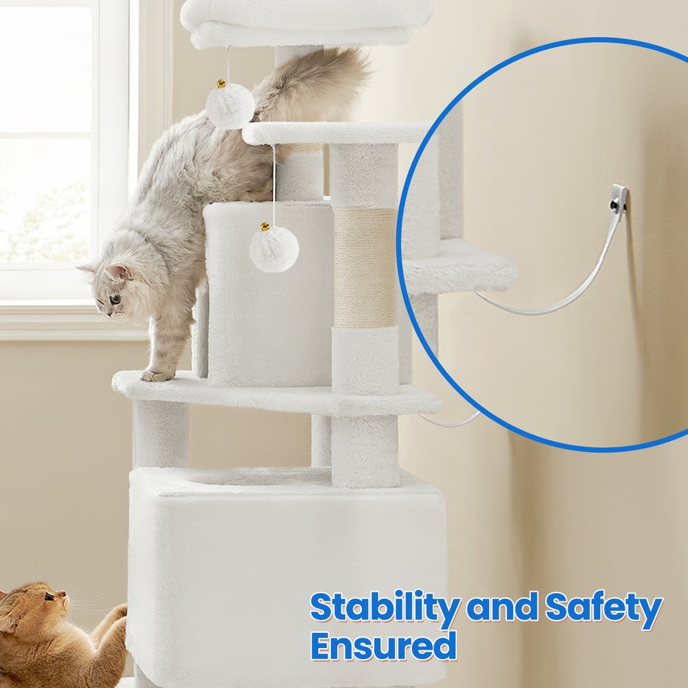 Cat Tree, 61-Inch Cat Tower for Indoor Cats, Multi-Level Cat Condo with 5 Scratching Posts, 2 Perches & 3 Caves, Plush with Hammock, Cream White
