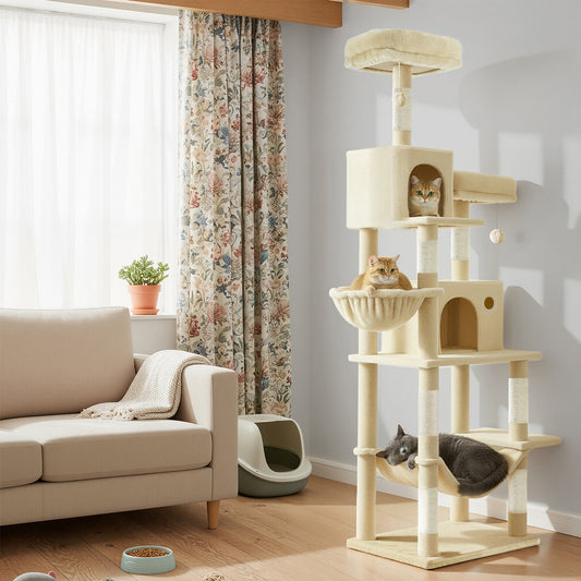Multi-Level Cat Tower with Hammock & Spacious Cave, 2 Observation Decks & Sisal Scratching Posts, for Indoor Cats, Beige