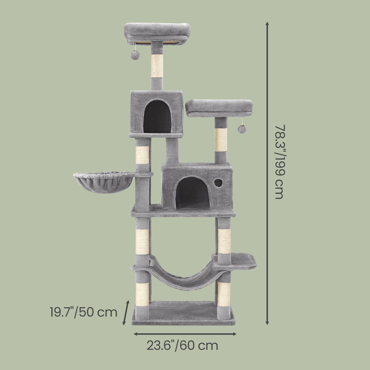 Multi-Level Cat Tower with Hammock & Spacious Cave, 3 Observation Decks & Sisal Scratching Posts, for Indoor Cats, Light Gray