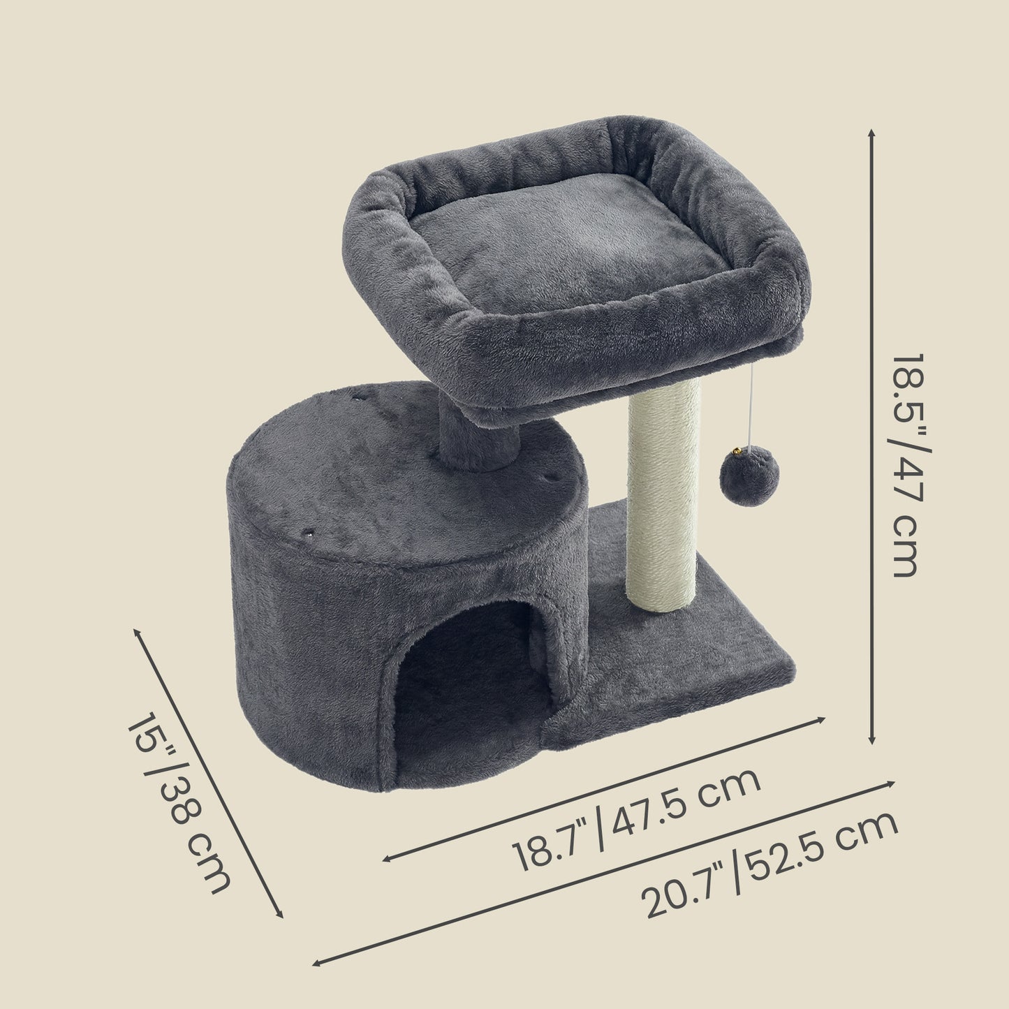 Small Cat Tree Tower with Sisal Scratching Post, Plush Condo with Padded Perch & Cave, for Kittens, Small Spaces,Smoky Gray