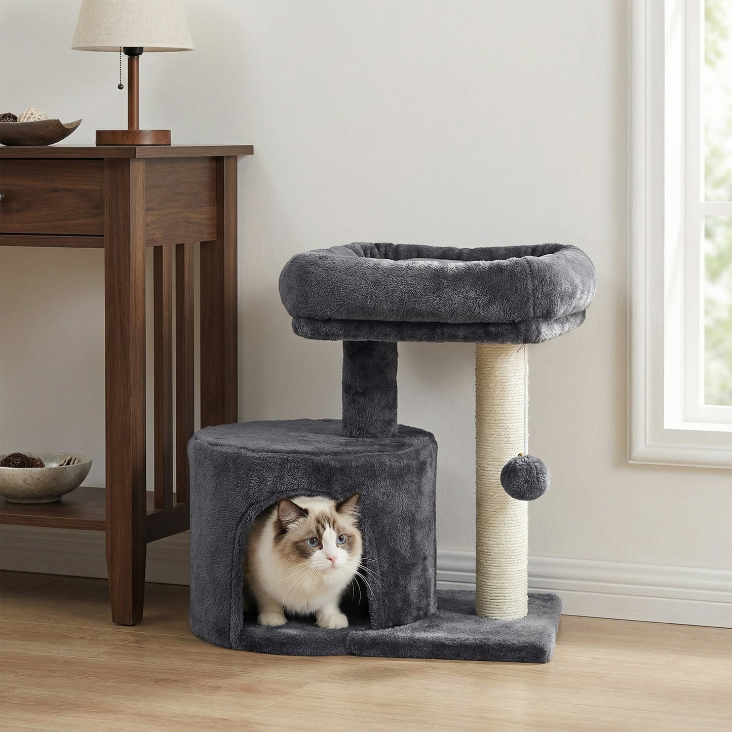 Small Cat Tree Tower with Sisal Scratching Post, Plush Condo with Padded Perch & Cave, for Kittens, Small Spaces,Smoky Gray