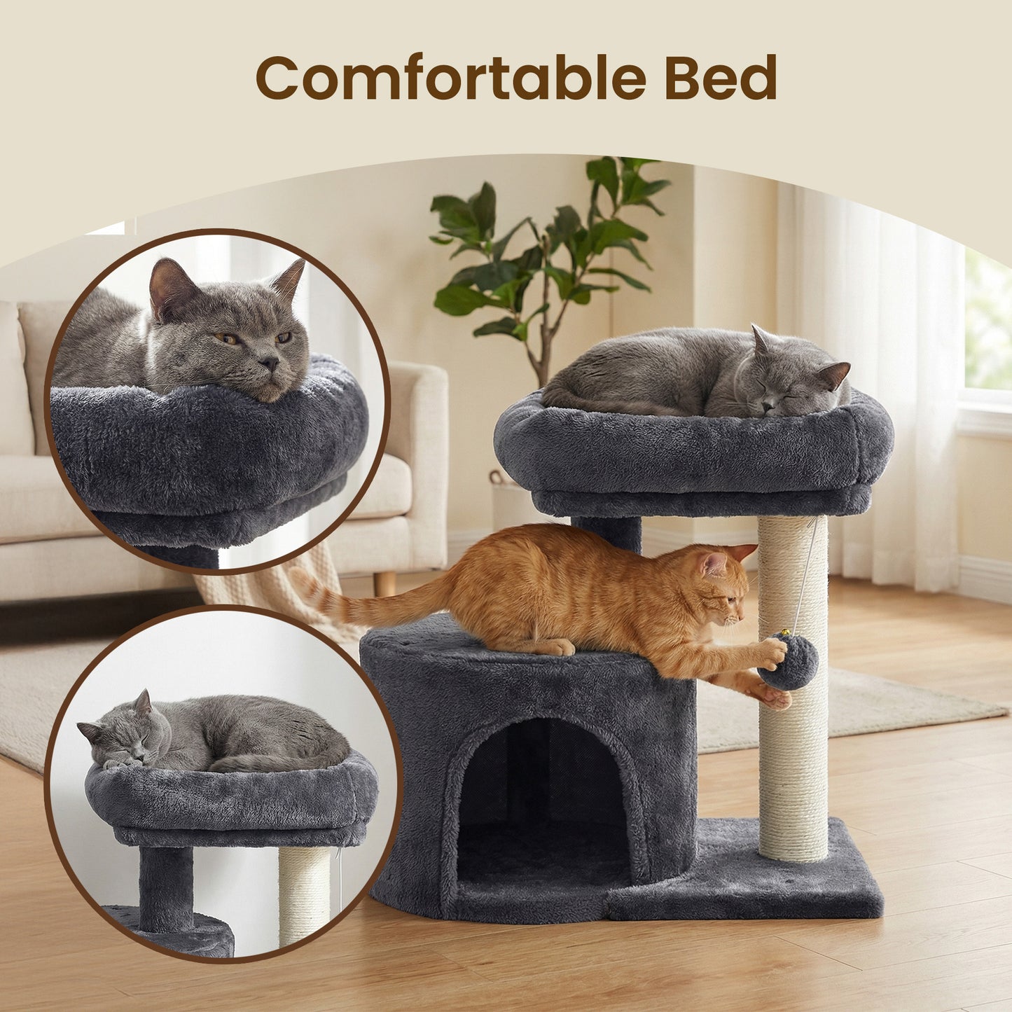 Small Cat Tree Tower with Sisal Scratching Post, Plush Condo with Padded Perch & Cave, for Kittens, Small Spaces,Smoky Gray
