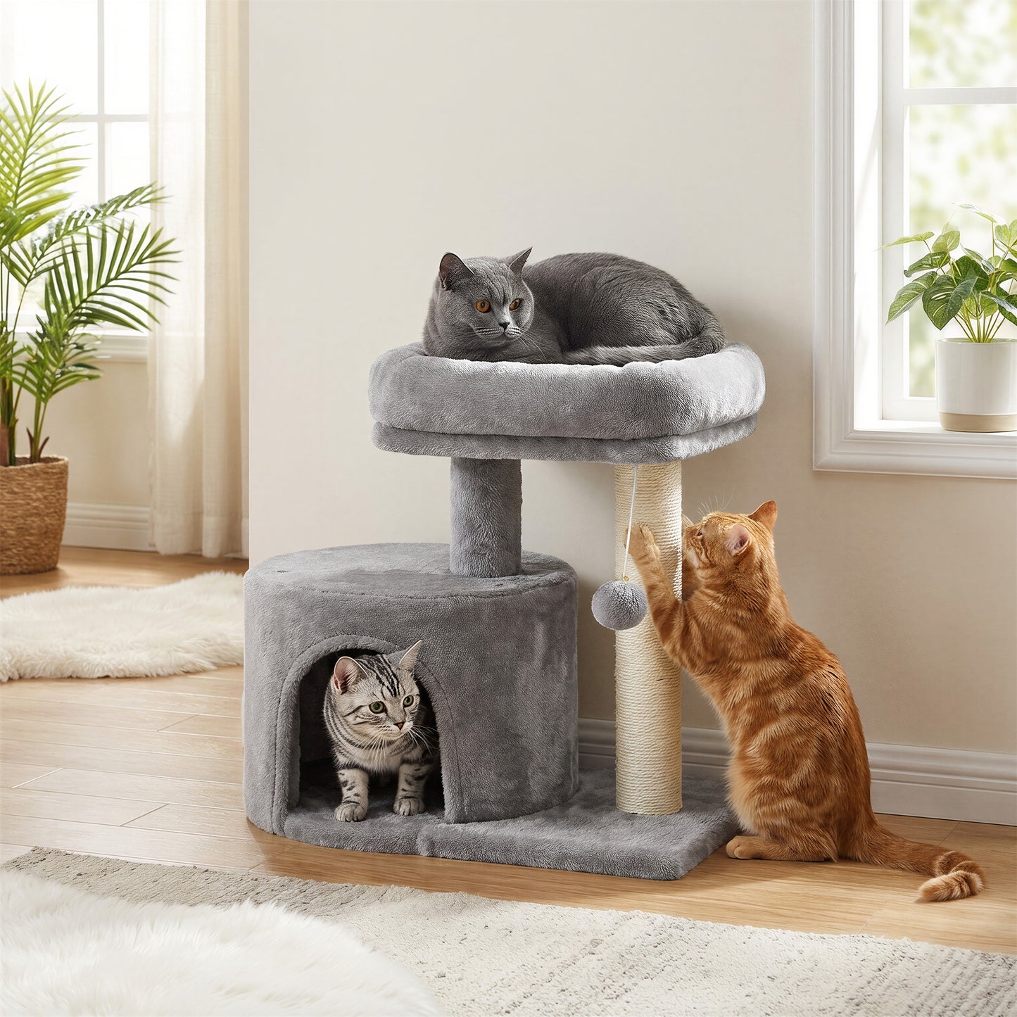 Small Cat Tree Tower with Sisal Scratching Post, Plush Condo with Padded Perch & Cave, for Kittens, Small Spaces, Light Gray