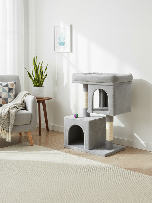 29.1-Inch Cat Tree Tower with Large Perch & 2 Caves, Plush Condo for Medium Cats up to 12 lb, with Scratching Posts, Light Gray29.1-Inch Cat Tree Tower with Large Perch & 2 Caves, Plush Condo for Medium Cats up to 12 lb, with Scratching Posts, Light Gray