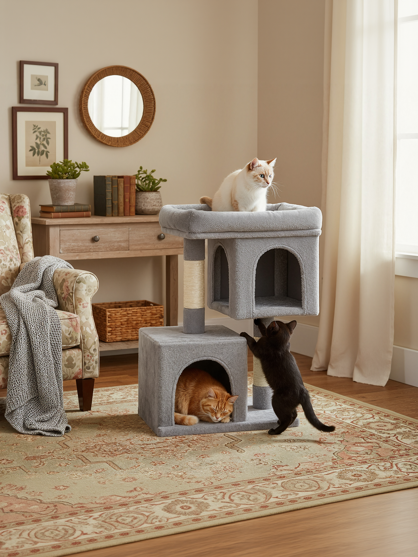 29.1-Inch Cat Tree Tower with Large Perch & 2 Caves, Plush Condo for Medium Cats up to 12 lb, with Scratching Posts, Light Gray29.1-Inch Cat Tree Tower with Large Perch & 2 Caves, Plush Condo for Medium Cats up to 12 lb, with Scratching Posts, Light Gray
