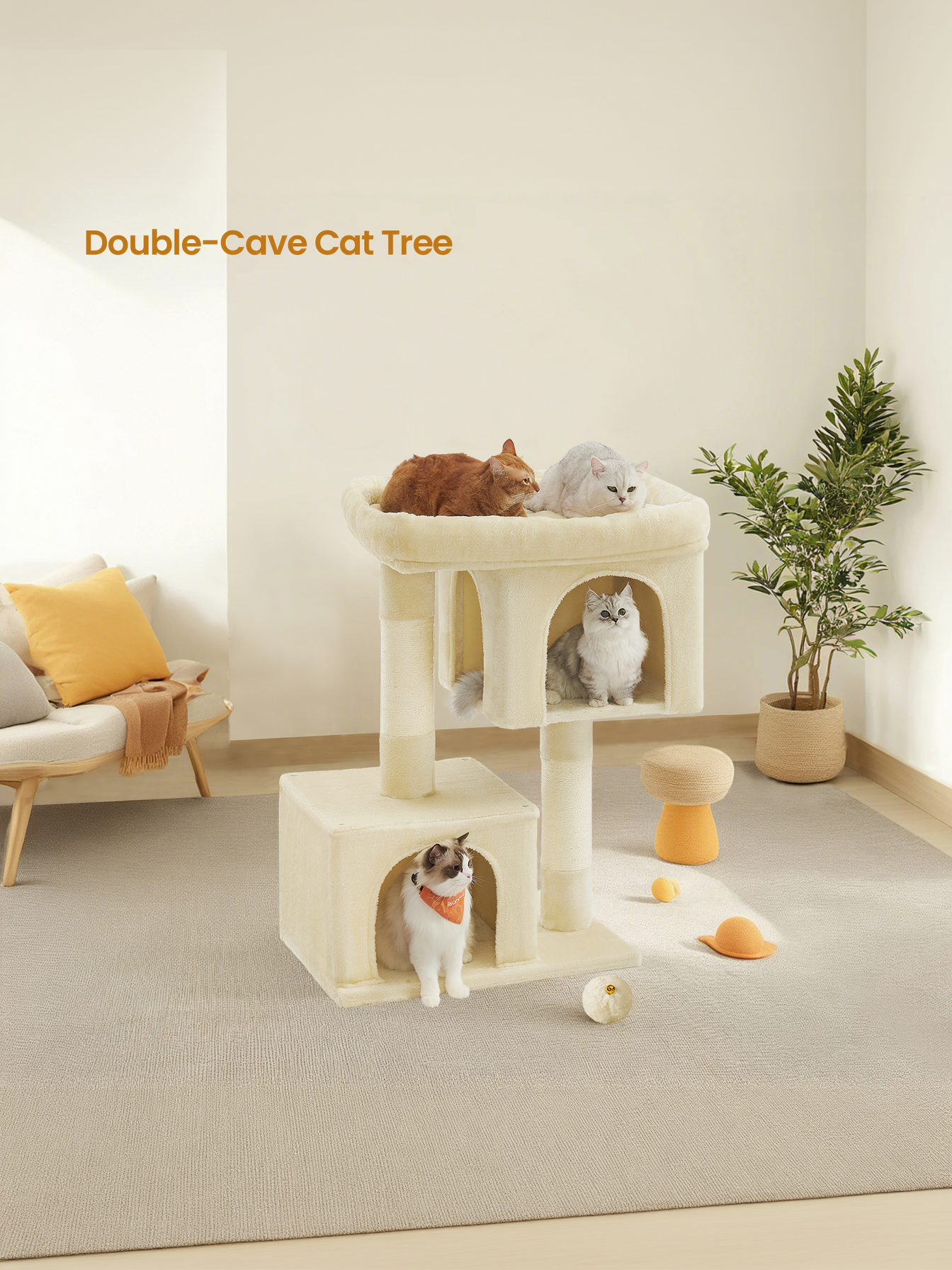 40.6-Inch Cat Tree Tower for Extra Large Cats up to 44 lb, Plush Condo with Large Perch & 3 Caves, Scratching Posts, Beige
