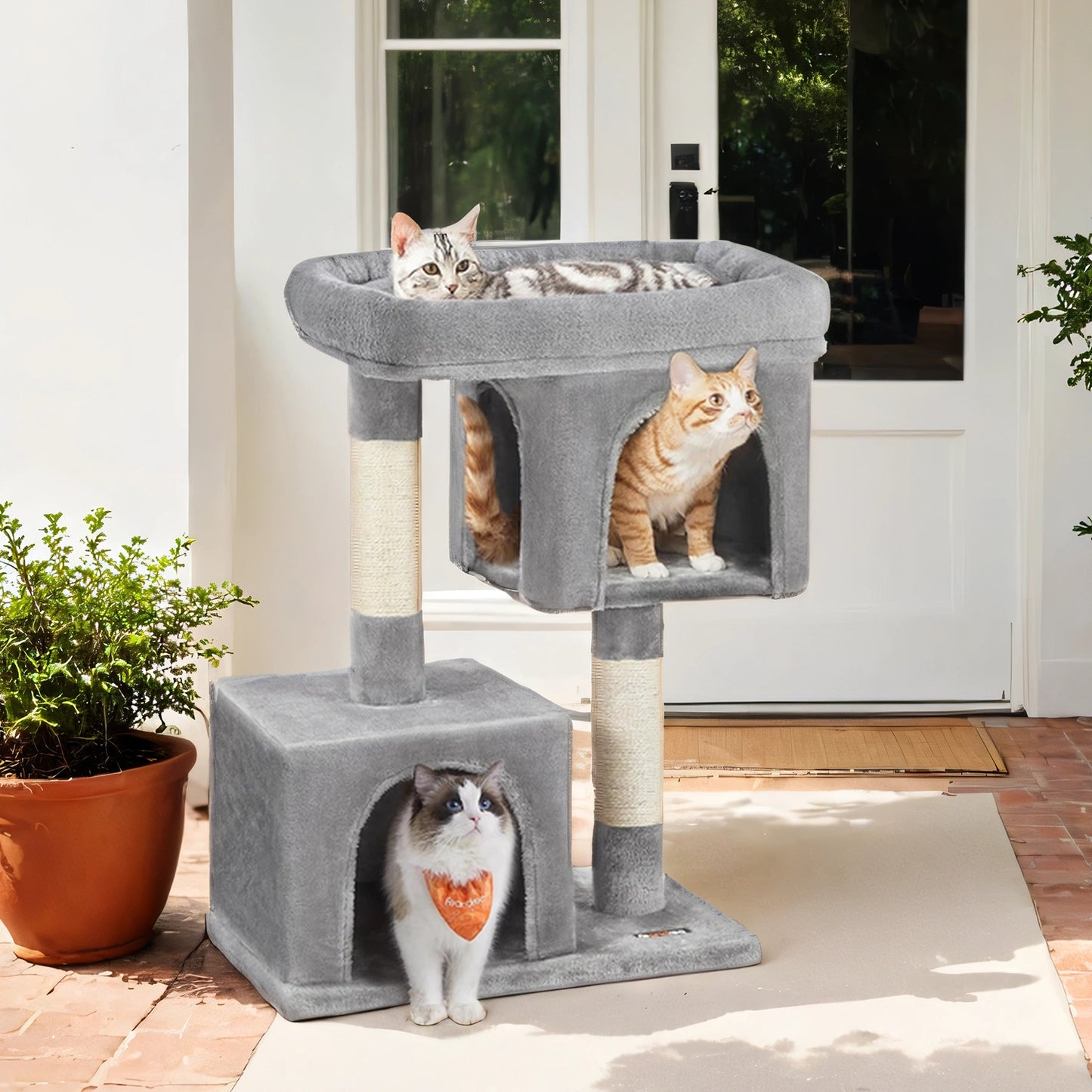 Cat Tree, 33.1-Inch Tower with Large Perch, 2 Cozy Caves, Scratching Posts, Multi-Level Condo for Large Cats up to 16 lb, Sturdy Base & Anti-Tip Kit, Light Gray